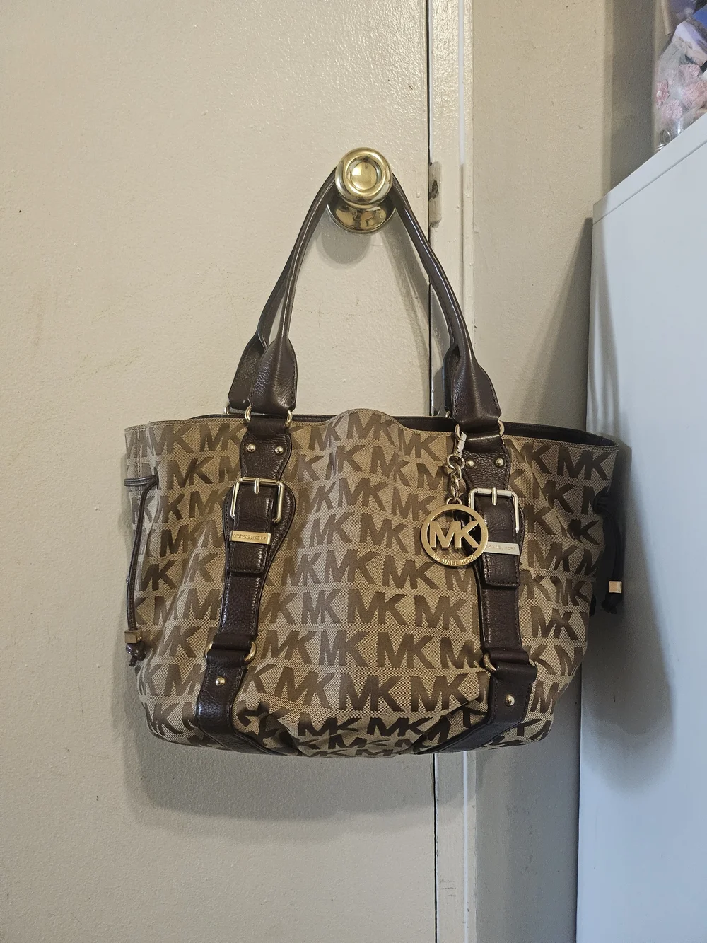 Michael Kors Brown Monogram Tote with Gold MK Charm